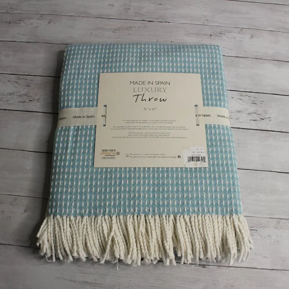 Made in Spain Throw Blanket Blue Cream with Fringe Cotton Blend